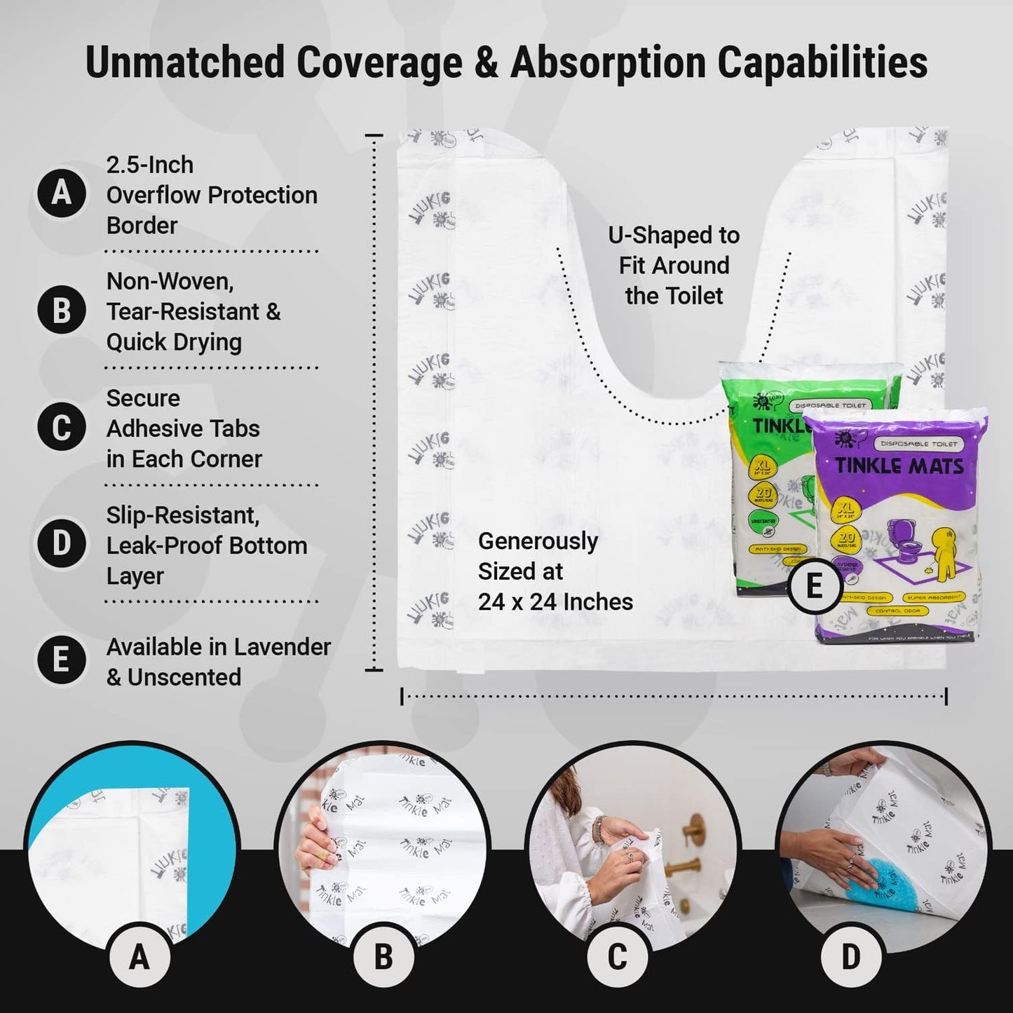 Tinkle Mat Disposable Toilet Commode Mat – Super Absorbent, Deodorizing Toilet Mats for Bathroom U Shaped – Great for Kid Potty Training, Incontinence & More – 24 x 24 Inches, 20 Pack, Lavender