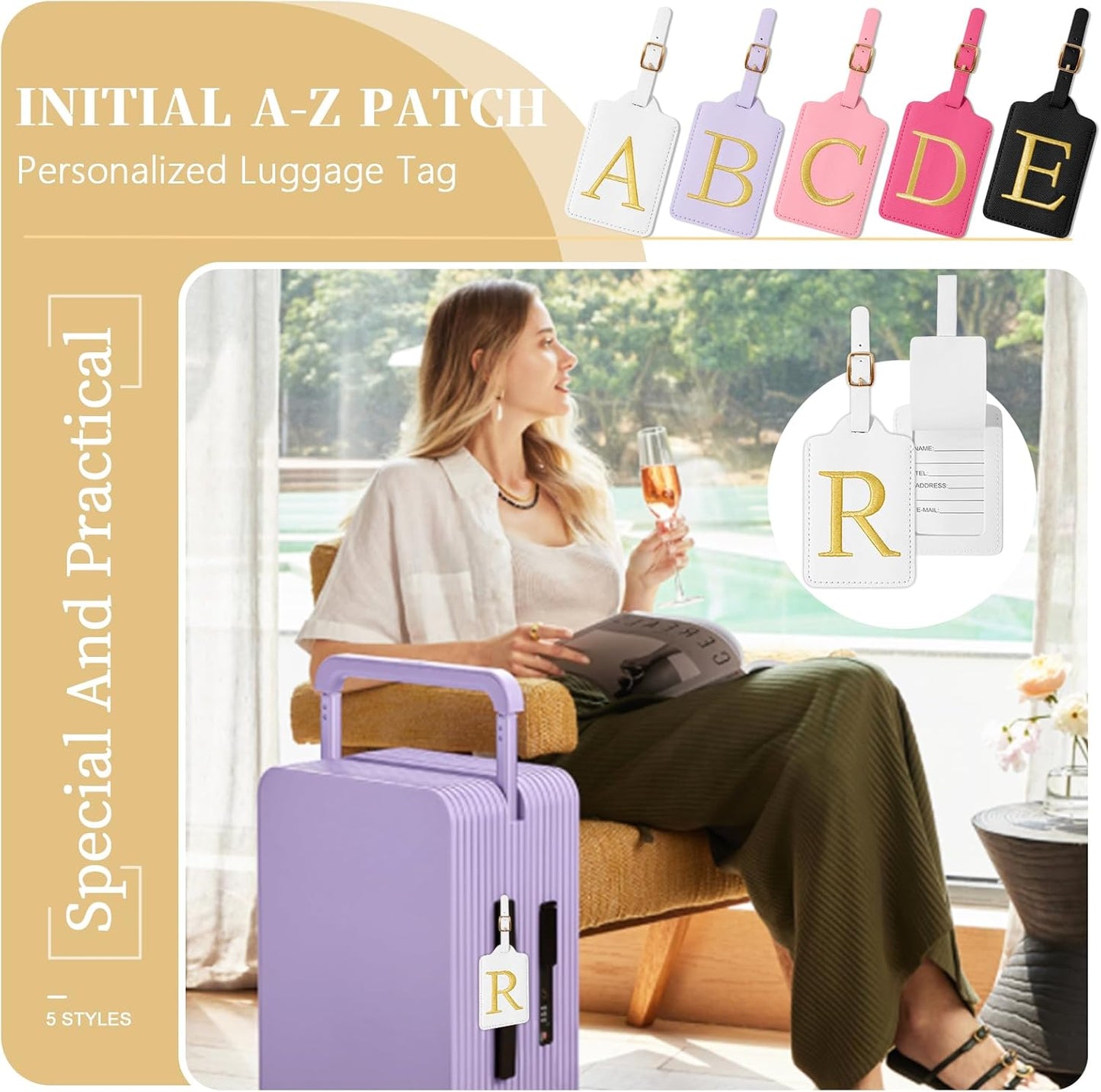 Personalized Initial Luggage Tags for Suitcase TSA Approved, White Leather Cute Luggage Tag with Privacy Cover Name Card, Embroidered Custom Luggage Tags Travel Baggage Tags Gifts for Women Kids(R)
