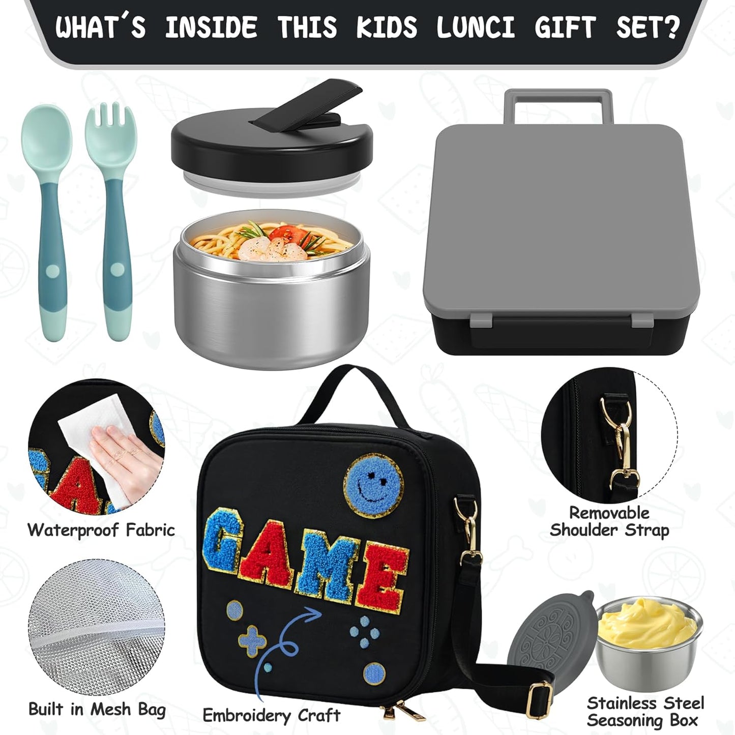 Kids Bento Lunch Box with 8oz Soup Thermo, Kids Leakproof Lunch Food Containers with 4 Compartment,Insulated Hot Food Jar with Lunch Bag for School, Travel (Black)