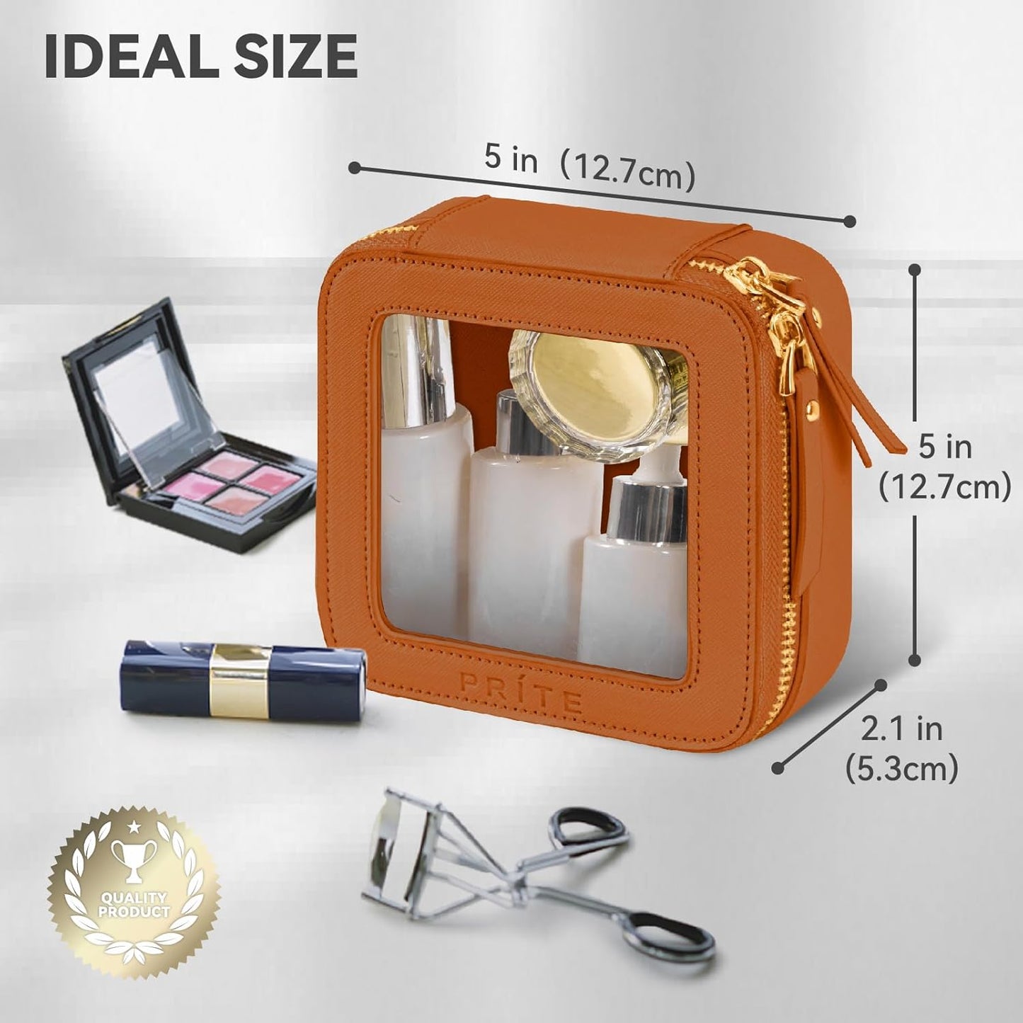 Prite Small Makeup Bag for Women Portable Clear Makeup Bag Cute Mini Waterproof Travel Cosmetic Bag with Gold Zipper for Car Essentials(Brown)