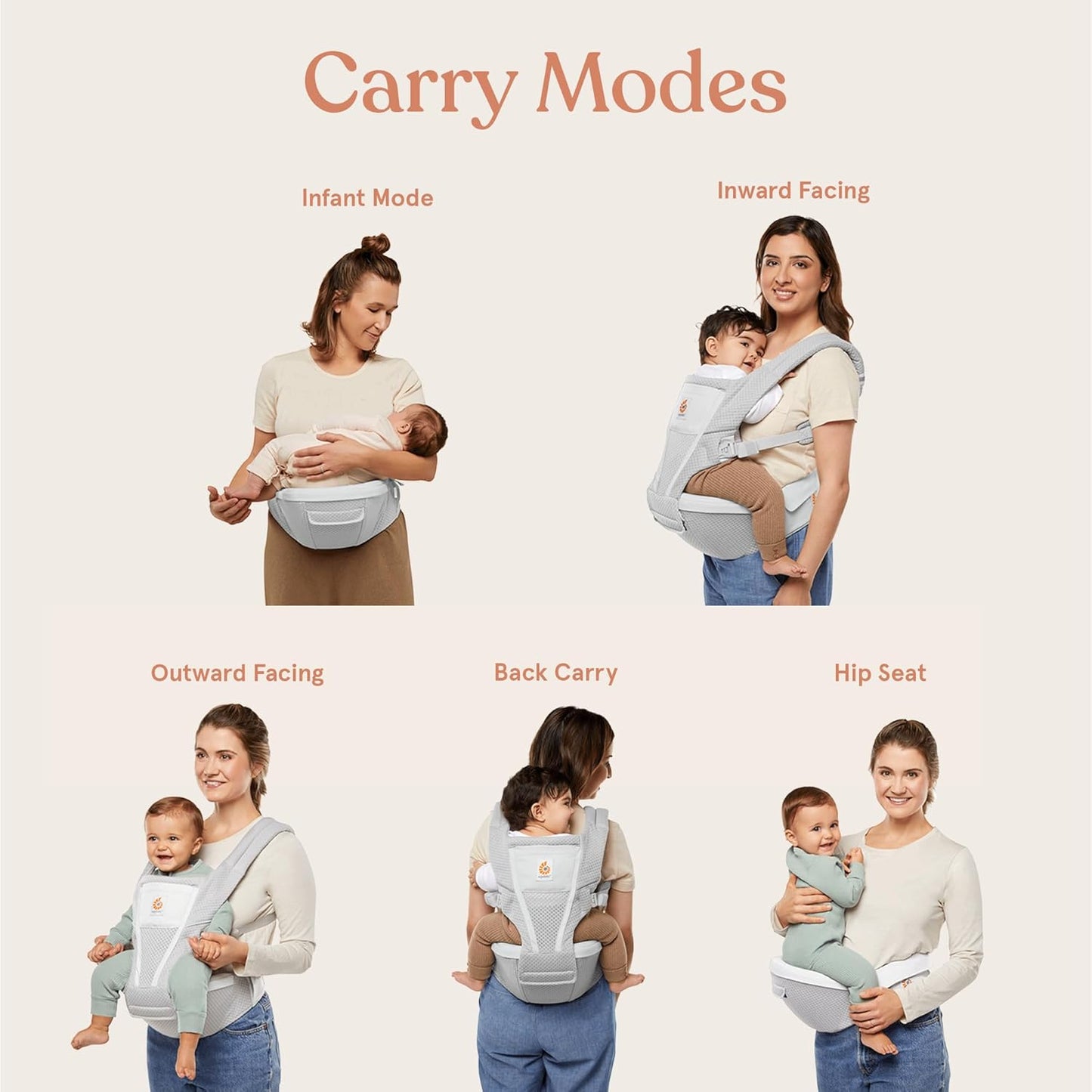 Ergobaby Alta Hip Seat All-Position Breathable Mesh Hip Seat & Carrier, Pearl Grey