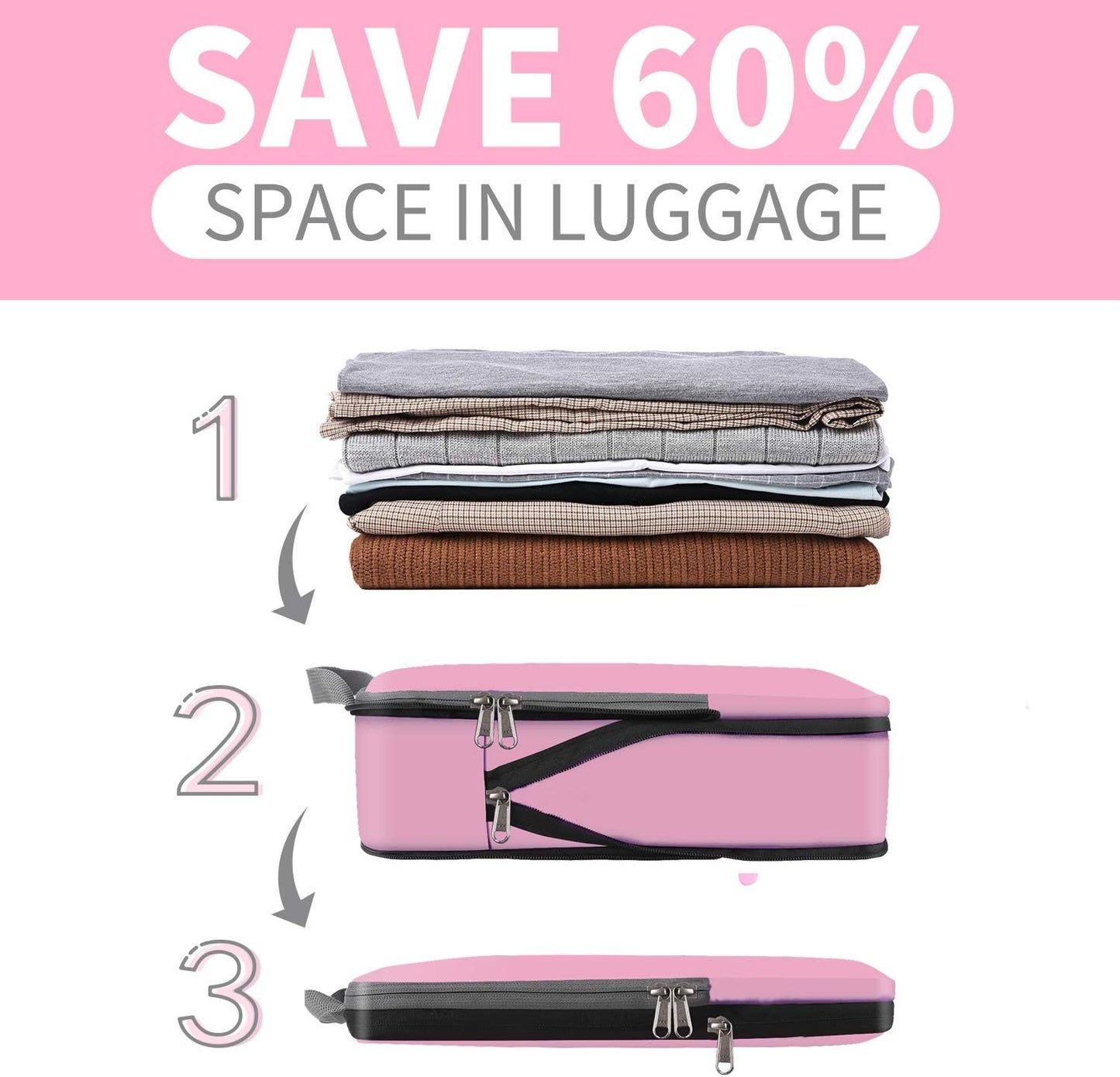BAGAIL 4 Set/6 Set/8 Set Compression Packing Cubes Travel Accessories Expandable Packing Organizers (Cloth Pattern, 4-Pink)