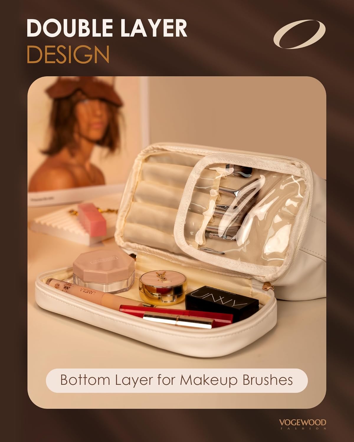 Women Gift Ideas for Her, Personalized Makeup Bag with Handle, Initial Double Layer Cosmetic Bag with Makeup Brush Organizer, Cute Cosmetic Pouch for Women, Gift for Friends Female Mom