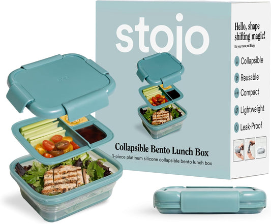 STOJO Collapsible Bento Box, Reusable, Leak-Proof, Microwave & Dishwasher Safe, Premium Lunch Container with Divider – Space-Saving, Transparent Design (Eucalyptus, 6-Cup/1.5L)