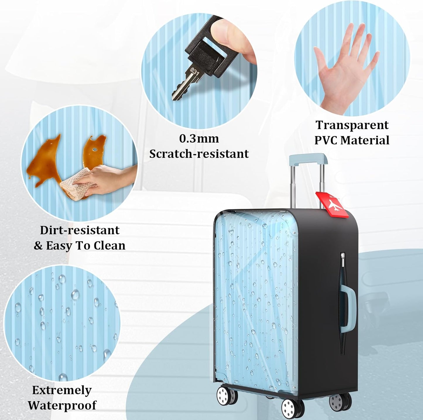 Upgraded Clear TPU Luggage Cover Protector with Black Stretchable Sides, Fit 28 Inch Wheeled Suitcase TSA Approved, Waterproof & Anti-Scratch, Includes Free Red Luggage Tag