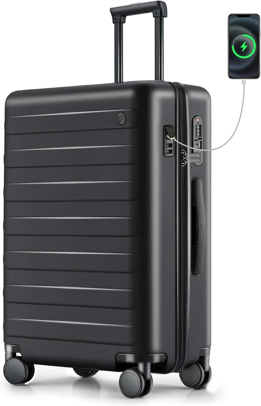 Carry on Luggage 22 X 14 X 9 Airline Approved, 20 Inch Luggage for 3-5 Days Travel, Double Spinner Wheels, 100% Hardshell PC, TSA Lock (11-Pirate Black (USB Port), Checked 24-Inch)