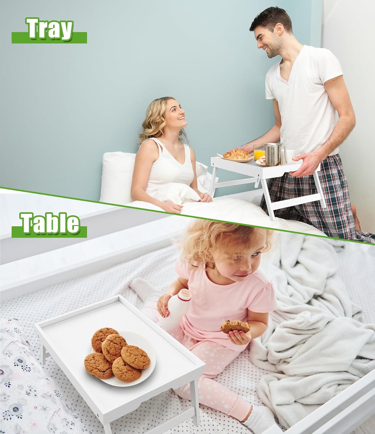 Bed Tray Table with Folding Legs, Bamboo Breakfast in Bed for Kitchen Serving Tray, Sofa, Eating, Used As Laptop Desk Snack Tray (4 Pack, White Color)