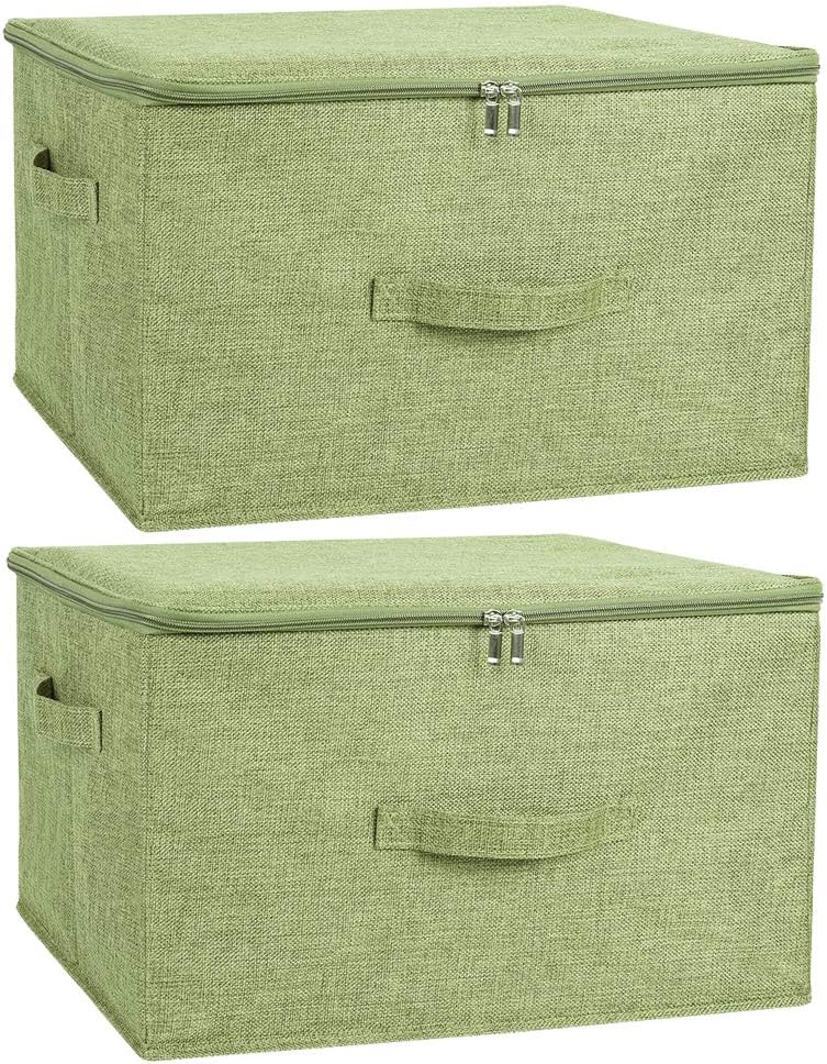 ANMINY 2PCS Storage Bins with Zipper Lids 51.9 Qt Lidded Fabric Storage Boxes Baskets Cubes with Handles Collapsible Washable Cotton Linen Closet Shelf Clothes Organizer - Green, Extra Large
