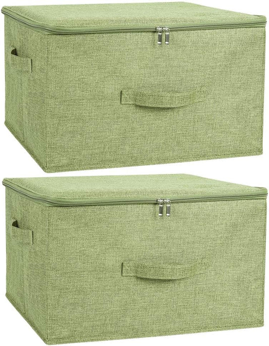 ANMINY 2PCS Storage Bins with Zipper Lids 51.9 Qt Lidded Fabric Storage Boxes Baskets Cubes with Handles Collapsible Washable Cotton Linen Closet Shelf Clothes Organizer - Green, Extra Large