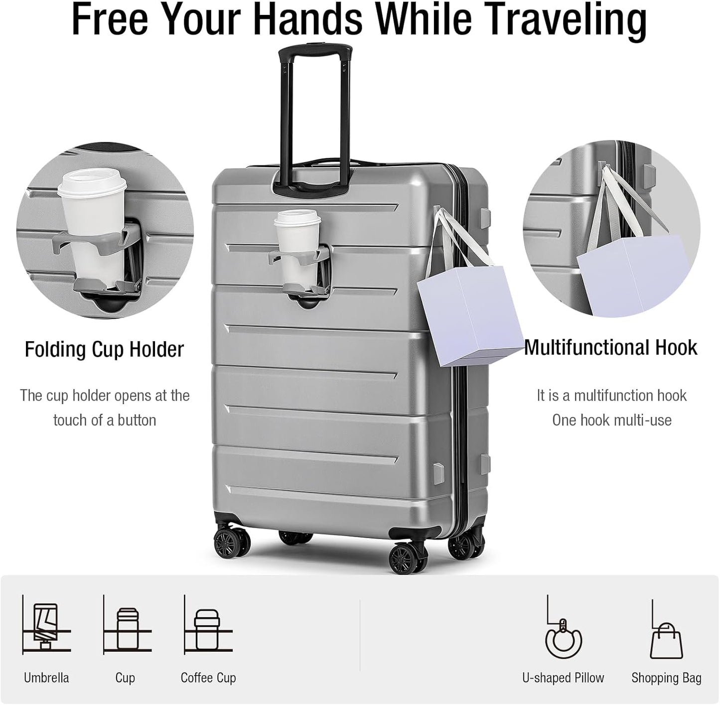 KYME Luggage Sets 3 Piece Hardshell 22in/26in/30in Suitcases with Spinner Wheels Hardside Suitcase Sets with TSA Lock Travel Rolling Luggage Set for Women Men Silver Grey