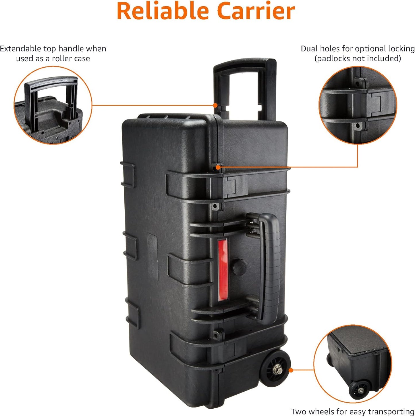 Amazon Basics Hard Camera Case with Wheels, Large, Black, Solid, 22"L x 14"W x 9.8"H