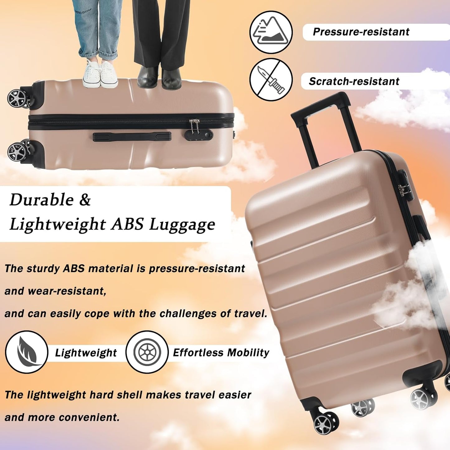 Merax Luggage Set 6 Piece, Hardshell ABS Suitcases with 8 Silent Spinner Wheels, Durable and Lightweight Travel Luggage for Family Trips, Champagne