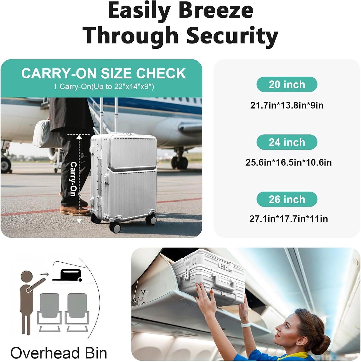 Hard Shell Luggage 24 Inch Travel Luggage, Carry-On Luggage Spinner TSA with Lid, PC+ABS Aluminum Frame，Lightweight Travel Luggage 20'' 24'' 26''Carry-On (upgraded silver, 24 inch)