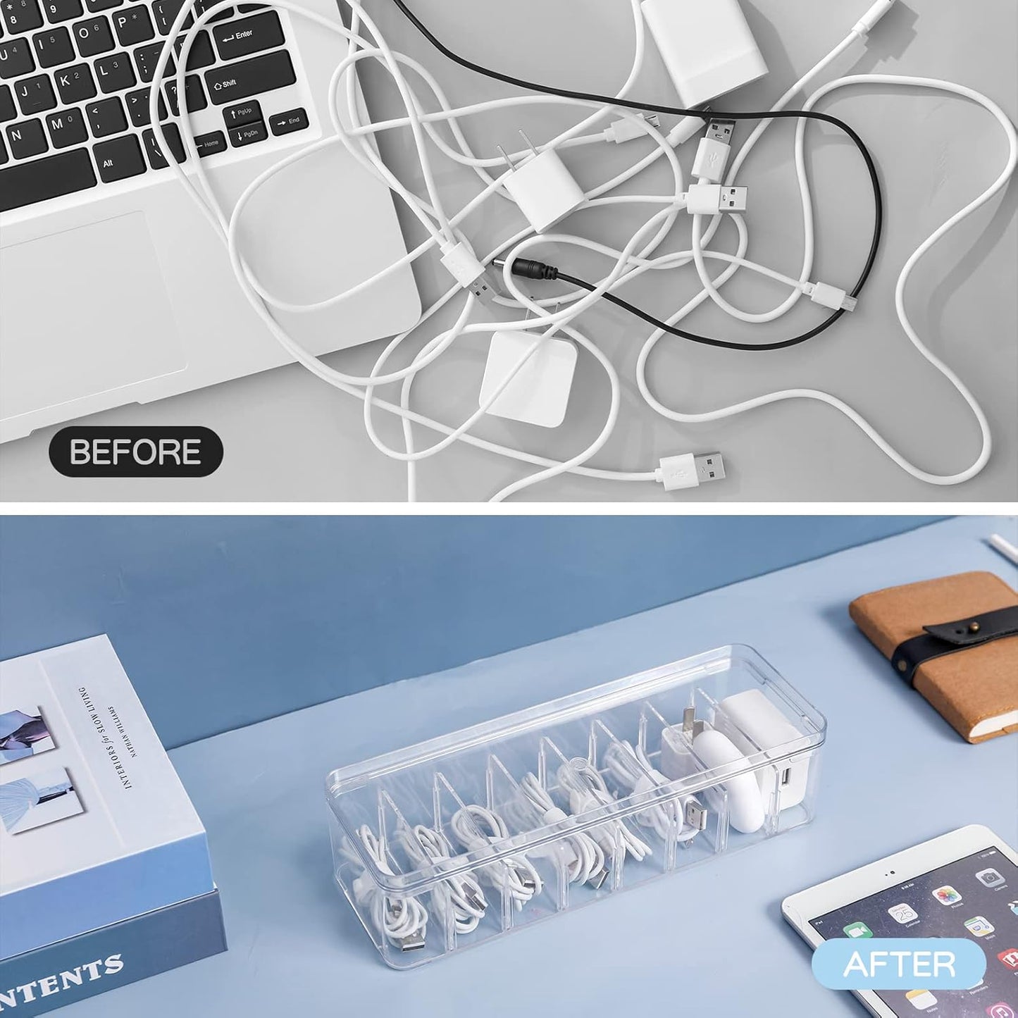 Yesesion Clear Plastic Cable Organizer Box with Adjustment Compartments, Desk Accessories Storage Case with Lid and 10 Wire Ties for Drawer, Office, Art Supply, Electronic Management