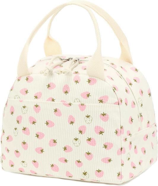 Bluboon Lunch Bag for Women Men Cute Corduroy Lunch Tote Bags Reusable Insulated Lunch Box Large Capacity Reusable Insulated Cooler for Work Picnic or Travel (Beige strawberry)
