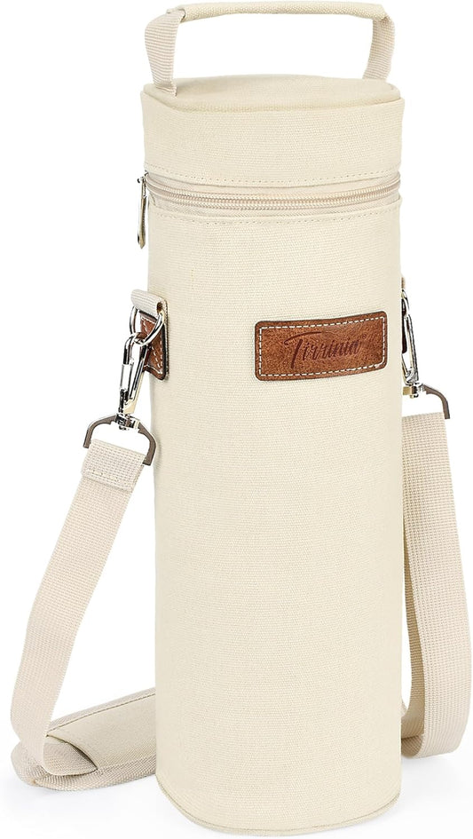 Tirrinia Single Wine Cooler Bags - Insulated & Padded Portable Wine Gift Tote Carrier for Travel, BYOB Restaurant, Wine Tasting, Party, Great Gift for Wine Lover, Beige