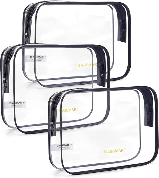 BAGSMART Clear Toiletry Bag, 3 Packs TSA Approved Water resistant Quart Size Travel Organizer, Airport Airline Travel Essential Carry On Makeup Cosmetic Bags for Women, Black