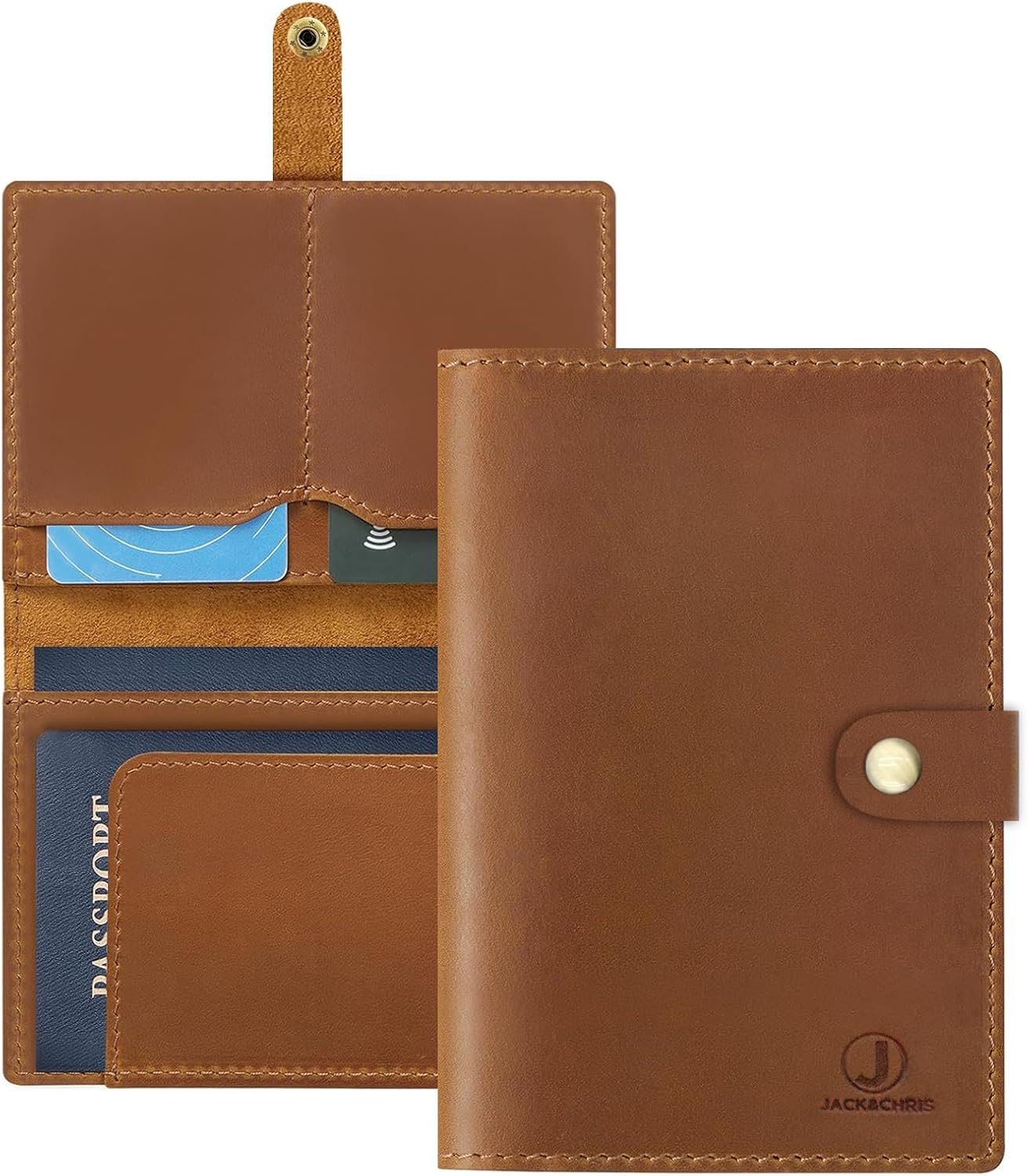 Jack&Chris Genuine Leather Passport Holder For Travel, RFID Blocking Handmade Passport Holder with Card Case Organized & Safe, Quality Travel Essentials for Women and Men for Gifting, Light Brown