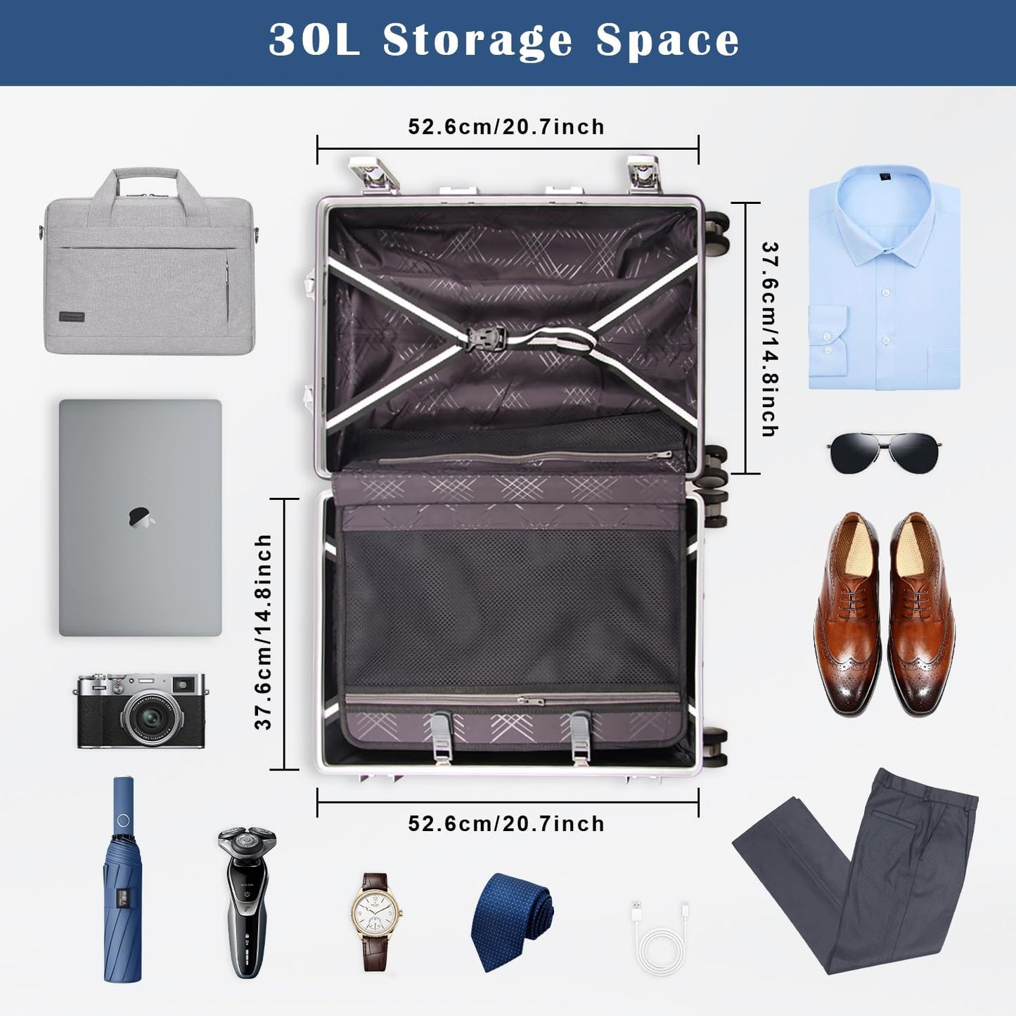 DOMINOX All Aluminum Carry On Luggage Hard Shell Luggage Aluminum Suitcase for Travel Zipperless Luggage Checked Luggage with Silent 360° Spinner Wheels 20 In. (Industry Style, Sliver)