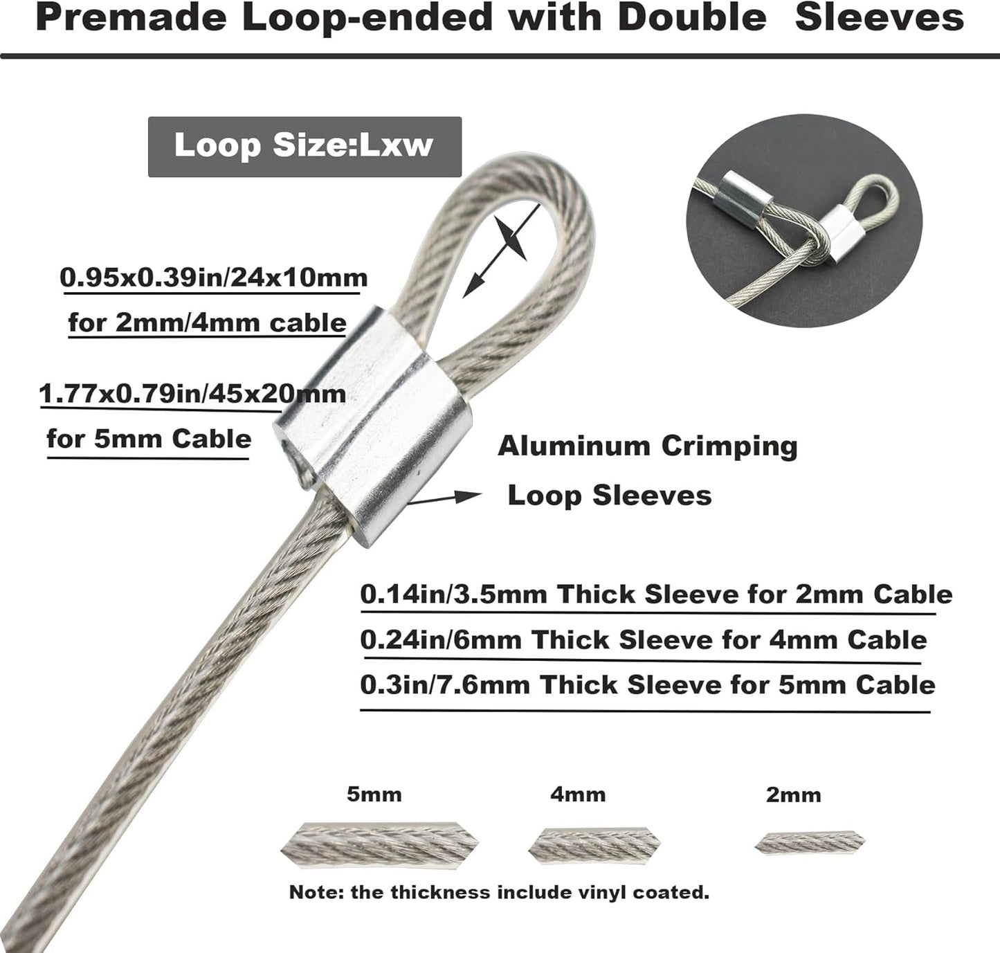 5 Pcs 5mm Wire 24 inch Vinyl Coated Stainless Steel Cable with Loops Short Wire Rope Lanyard Lock Security Chain Link for Outdoor Gates, Clear(5mm x 24inch)