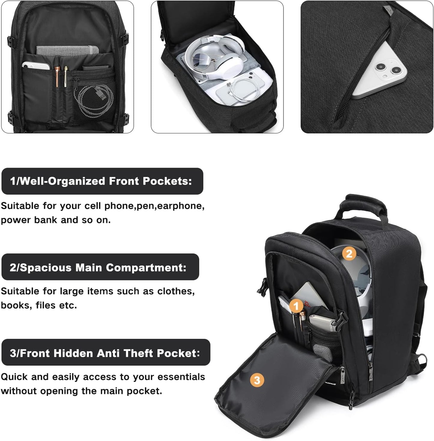 Kono Carry on Backpack, 16" Airplane Approved Under Seat Travel Backpack for Men and Women, Waterproof Lightweight Daypack for Flight 20L (Black, Small)
