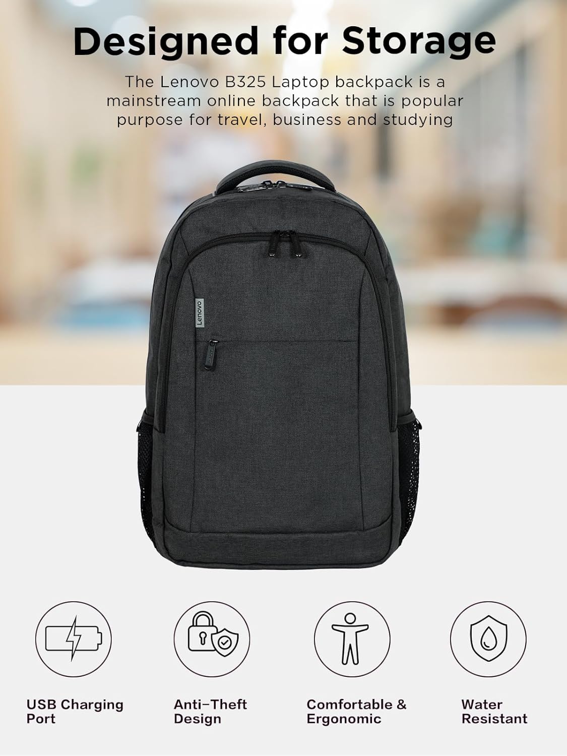 Lenovo B325 Laptop Backpack, 35L, Anti-Theft Travel Backpack, External USB Port, Water-Resistant, Luggage Strap, Fits 16-Inch Laptops, Durable Work & Commute Bag for Men & Women, Gifts for Travelers