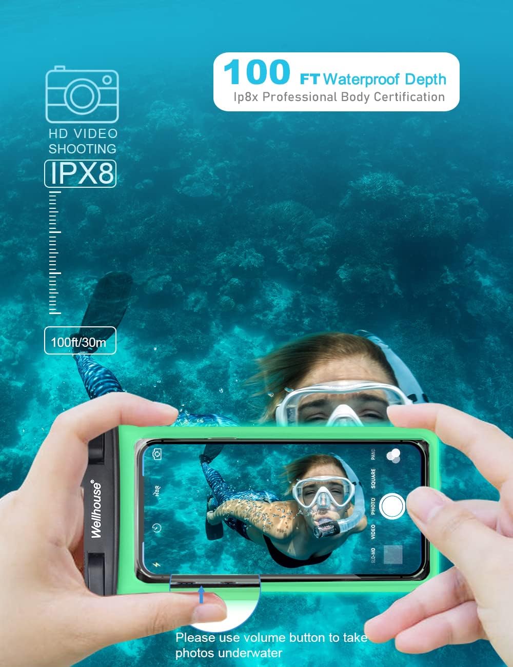 wellhouse Waterproof Phone Pouch, Waterproof Phone Case for iPhone 16 15 14 13 12 Pro Max XS Samsung, IPX8 3D Cellphone Dry Bag Beach Essentials (1 Pack - Luminous Black7.0, 7 inch)