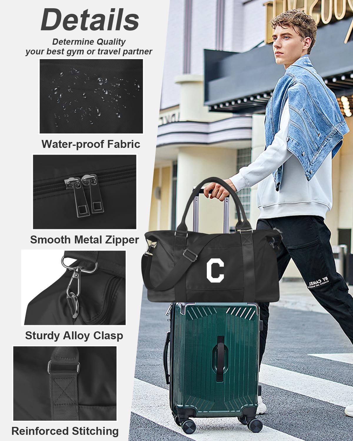 Initial Travel Duffel Bag Sports Gym Bag for Boys Teen Birthday Gifts,Black Personalized Weekender Bag Carry On Tote Bags for Men,Waterproof Overnight Luggage Bag Airplane Travel Essentials(Letter C)