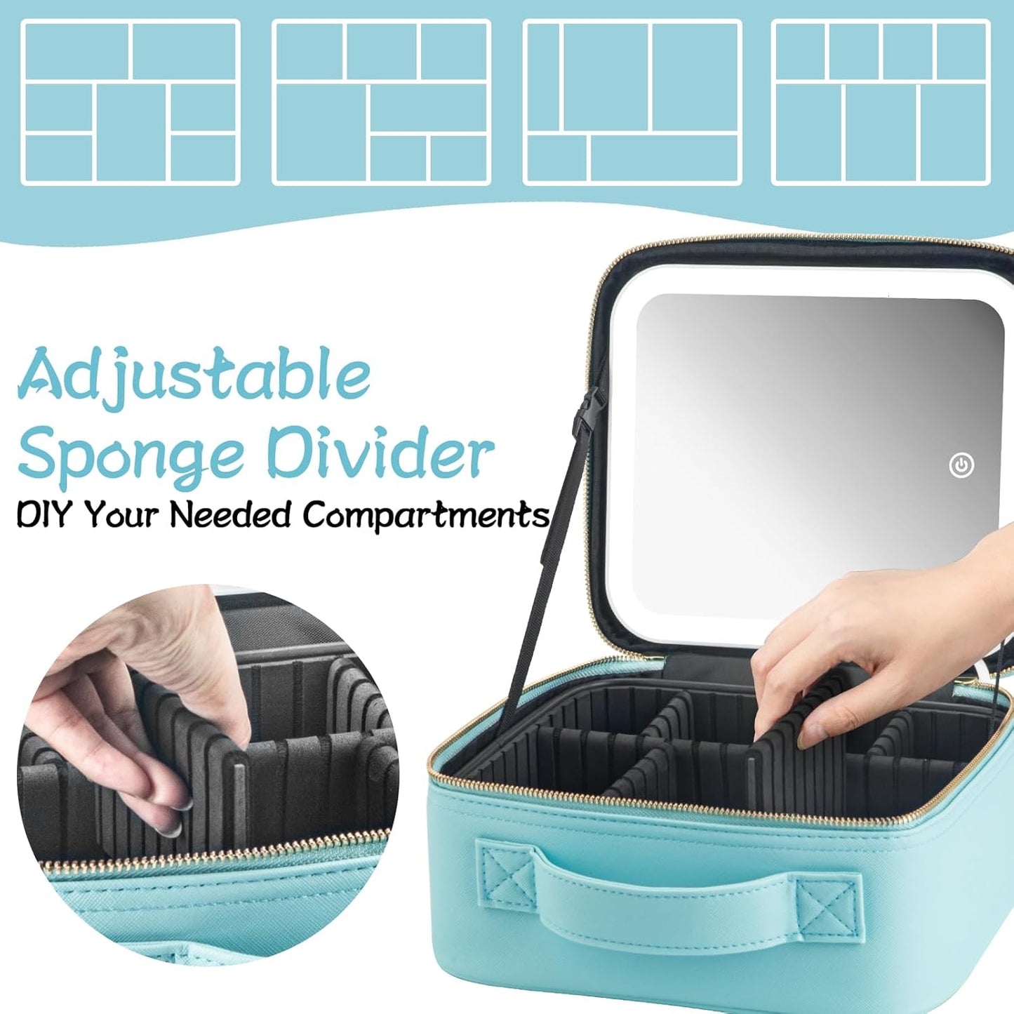 Makeup Travel Train Case with Mirror LED Light 3 Adjustable Brightness Large Cosmetic Bag Portable Storage Adjustable Partition Waterproof Makeup Brushes Make up Jewelry Gift for Women