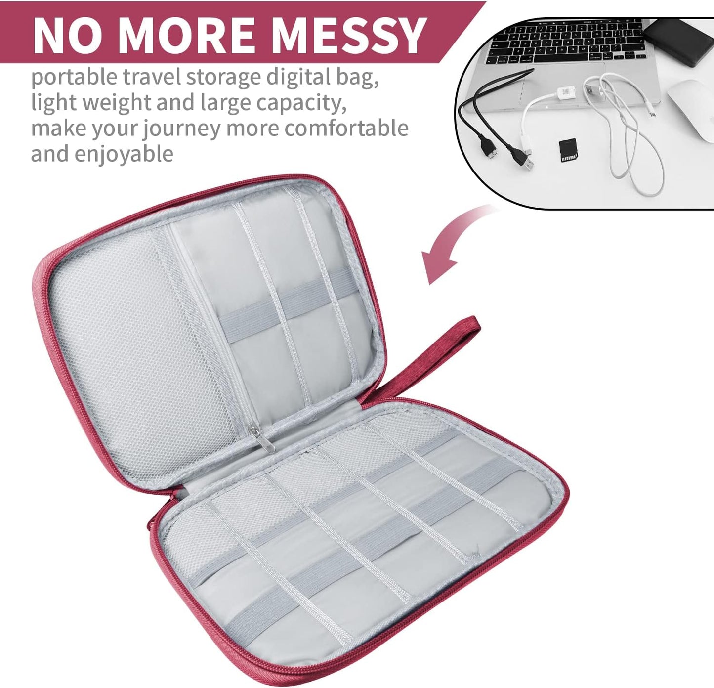 Electronics Travel Organizer,Portable Waterproof Electronic Travel Storage Bag for Small Charging Cord Storage,Charger,Small Electronics,SD Card etc,for Travel,Business -Wine Red