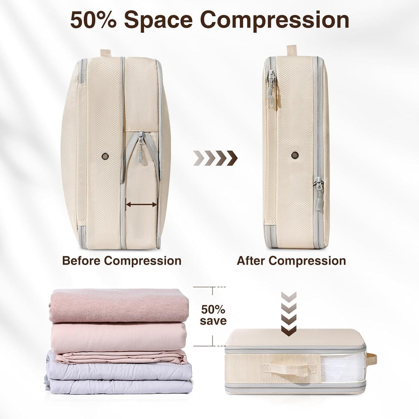 DIMJ Clothes Storage Bag 4 Pack, 19L Small Storage Bags for Sweater, Closet, Sheet Storage Organizer with Window, Compression Organizer Space Saver Storage Bags with Zipper, Beige