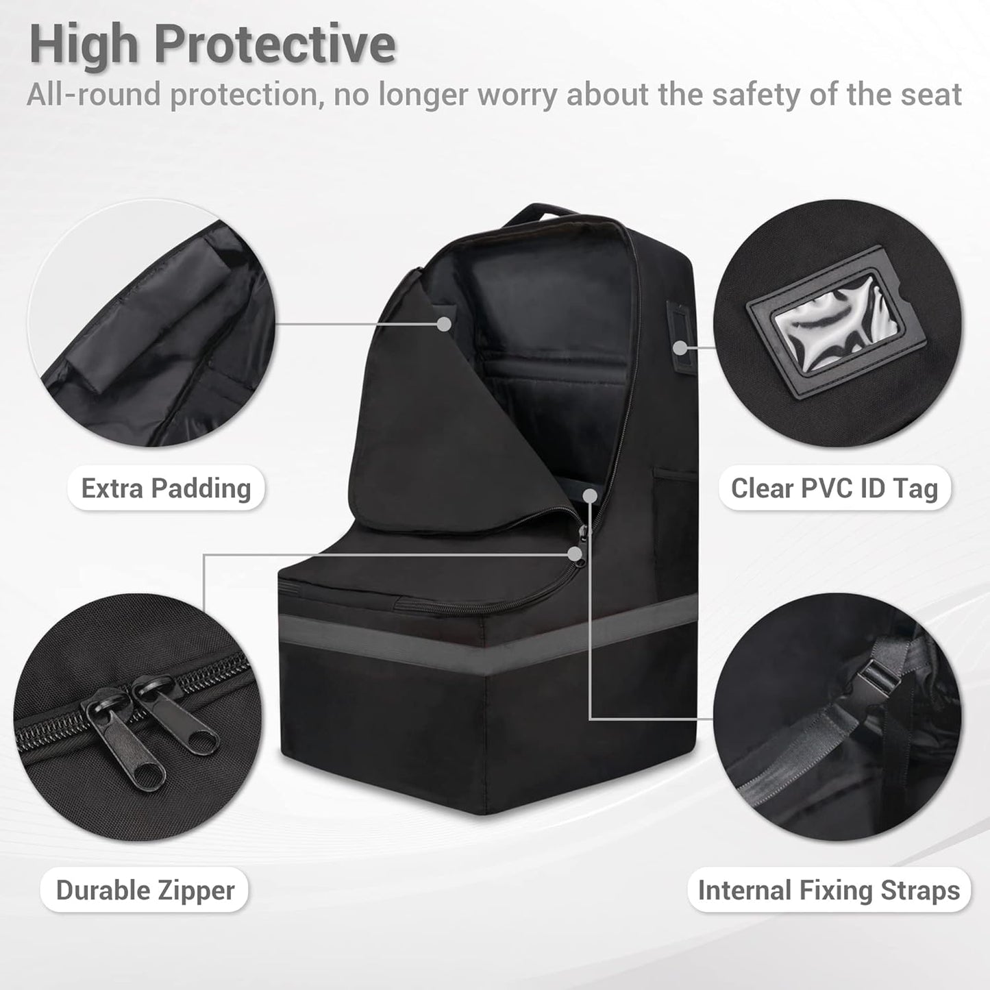 Car Seat Travel Bag - Padded, Comfortable, Durable, Roomy Gate Check Carseat Cover Backpack Fits 3-in-1，Convertible, Booster & Infant Car Seats for Airplane, Airport, Gray