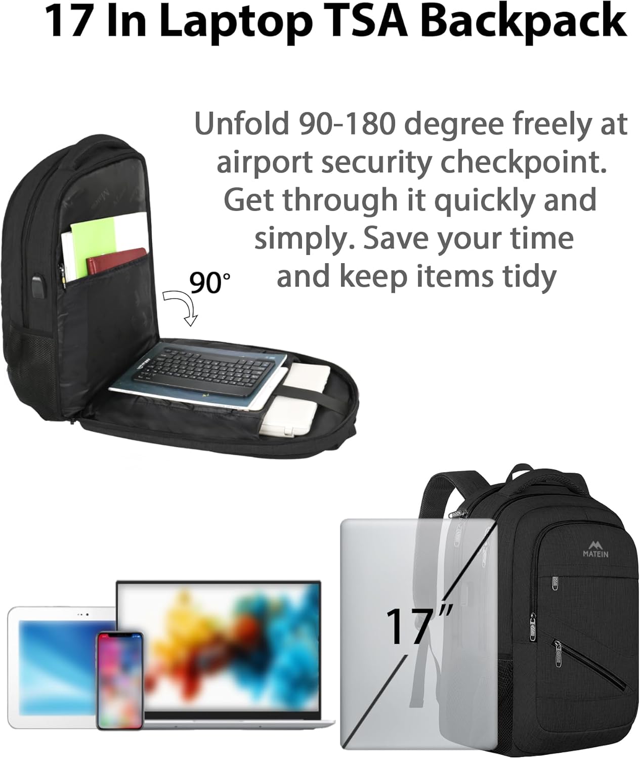 MATEIN School Laptop Backpack, Large TSA Friendly College Computer Bookbag with Laptop Compartment Fits 17 Inch Notebook, Water Resistant Work Travel Backpack, Graduation Gifts for Men Women