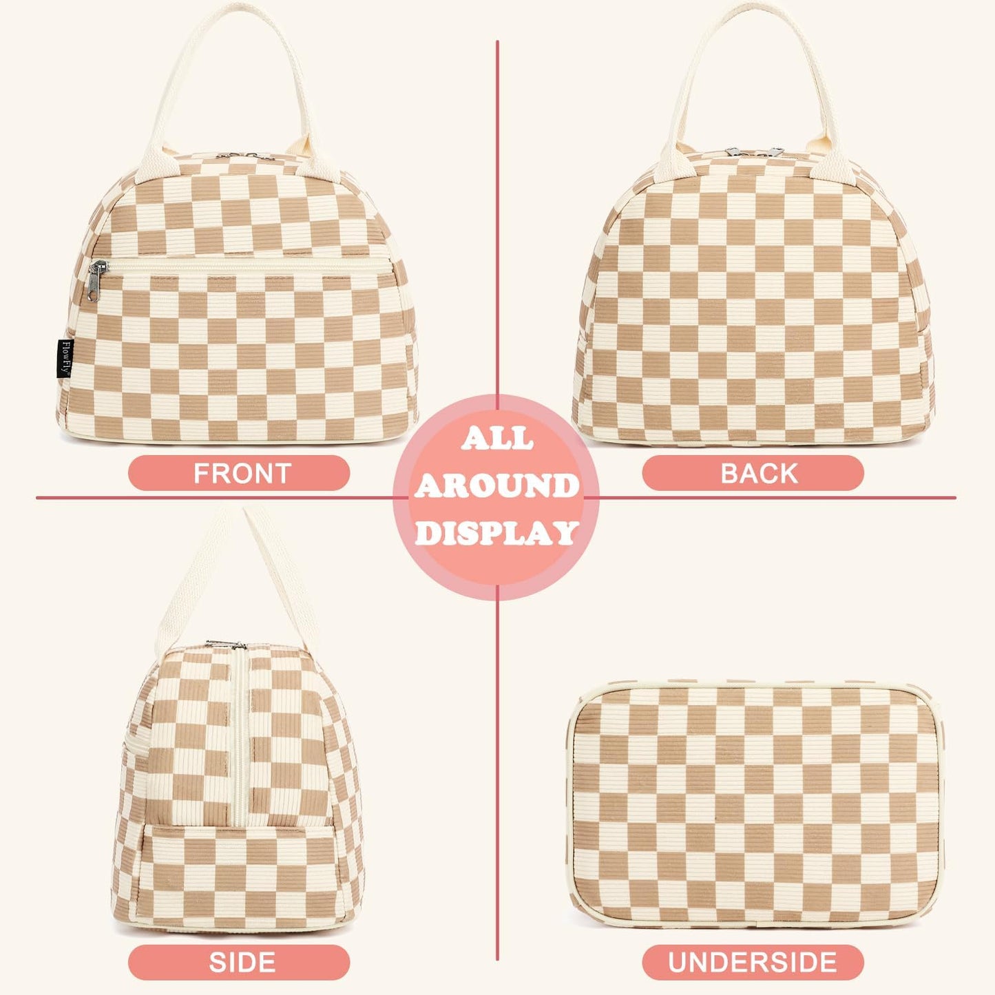 FlowFly Lunch Bag for Women Insulated Lunch Box Corduroy Lunch Tote Cooler for Travel Work Picnic,Corduroy Plaid Khaki