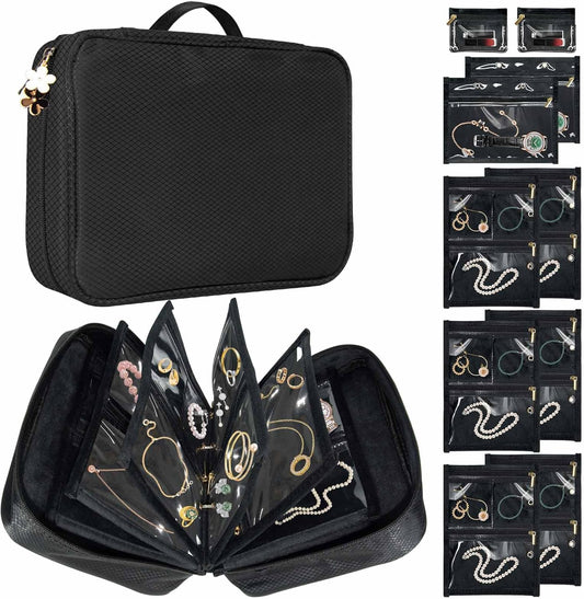 Travel Jewelry Organizer Case, Jewelry Storage Bag with Zipper Velvet Pockets, Portable Jewelry Case for Necklaces, Rings, Earrings, Bracelets