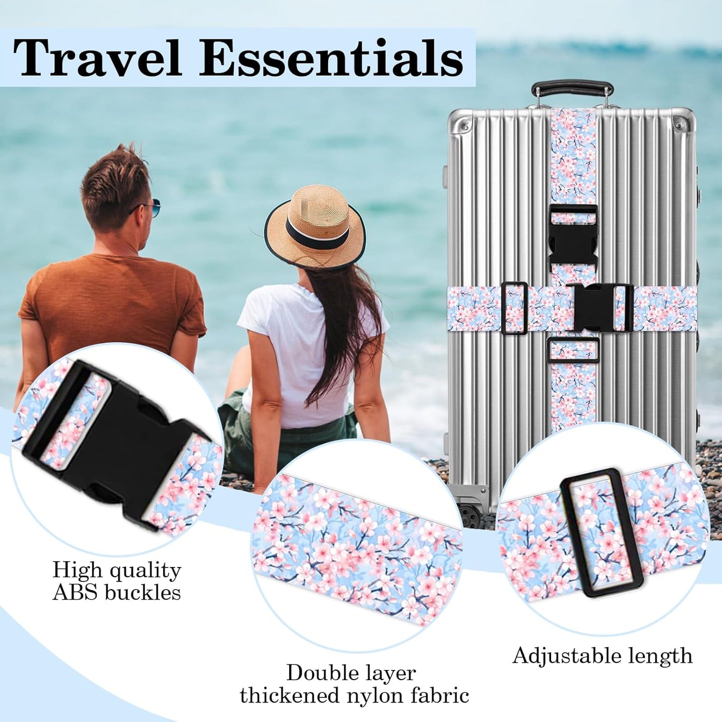 Cherry Blossoms Luggage Straps for Suitcases TSA Approved, Luggage Identifiers for Suitcase, Adjustable Suitcase Strap for Baggage Security with Cute Patten, Travel Necessary Accessories (2Pack)