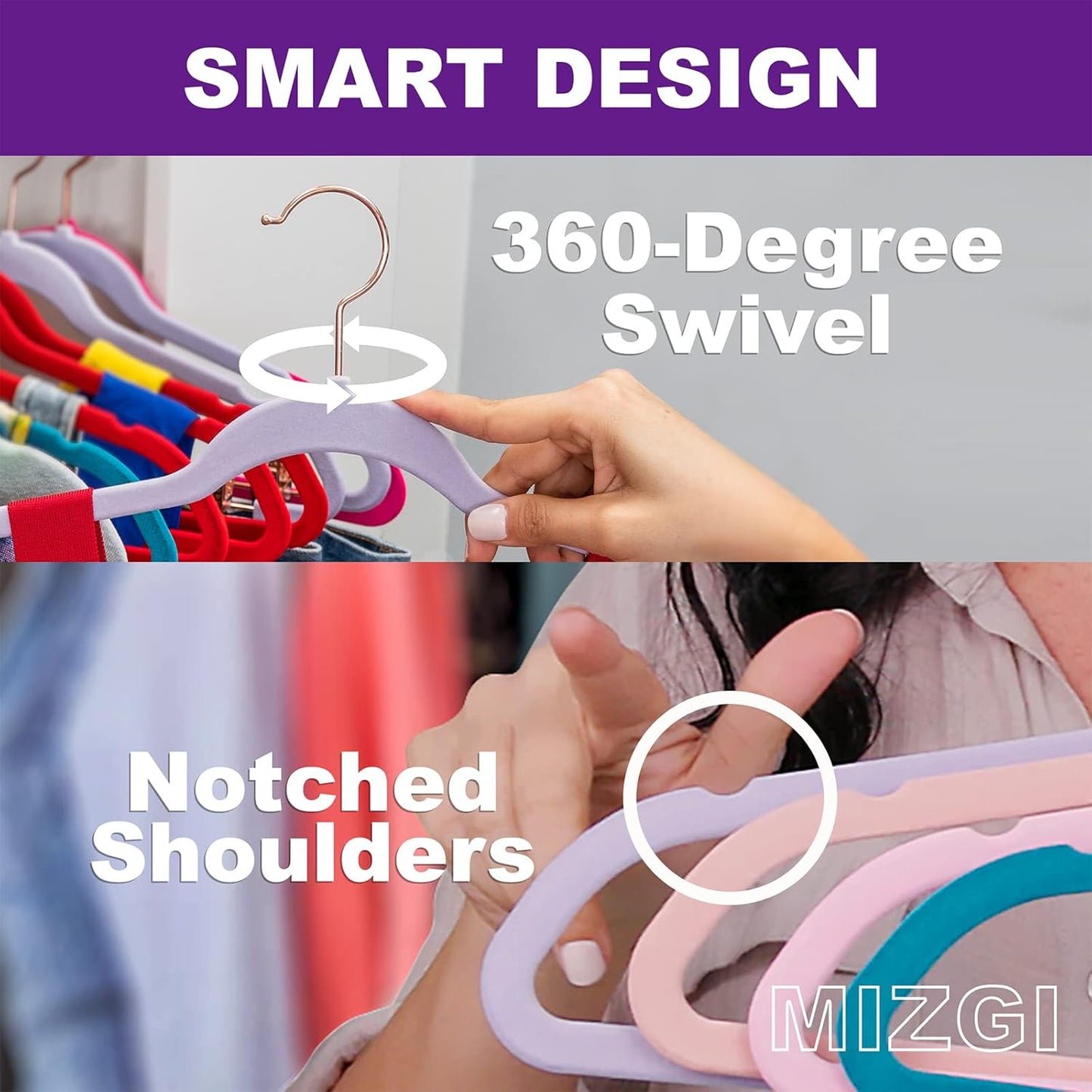 MIZGI Premium Velvet Hangers (50 Pack) Heavy Duty Non Slip Felt Hangers Gray,Rose Gold 360 Degree Swivel Hooks,Space Saving Clothes Hanger,Durable Strong Hanger for Suits,Coats,Pants & Dress