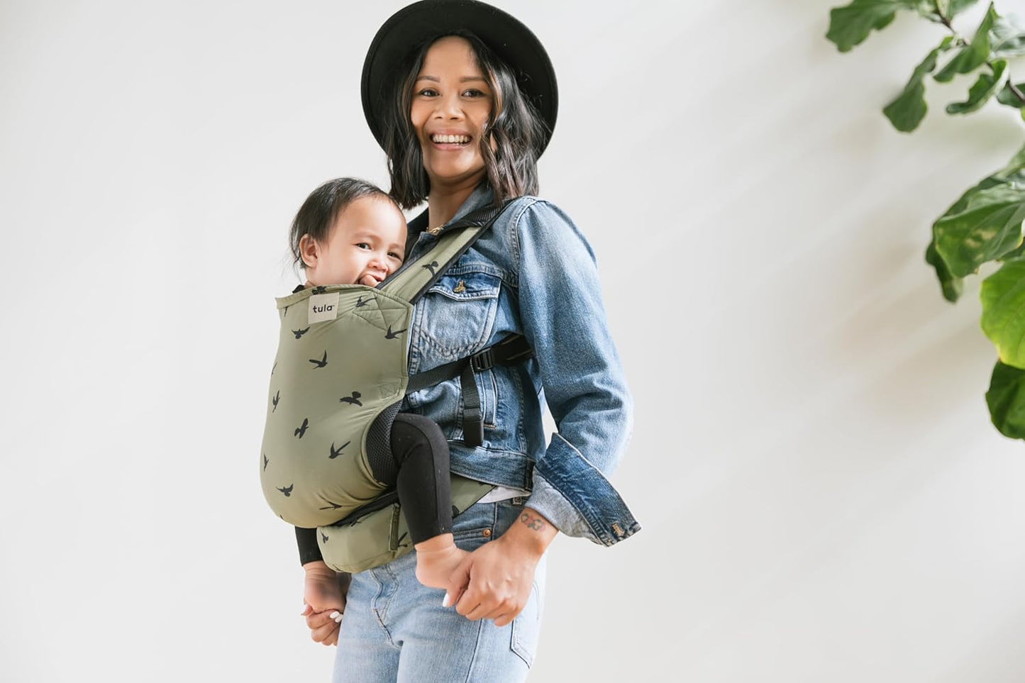 Baby Tula Lite Ripstop Nylon Compact Baby Carrier, Lightweight & Ergonomic Carrier for Travel w/Convenient Storage Hip Pouch, Multiple Carrying Positions for 12lbs to 30lbs - Soar (Olive Green/Birds)