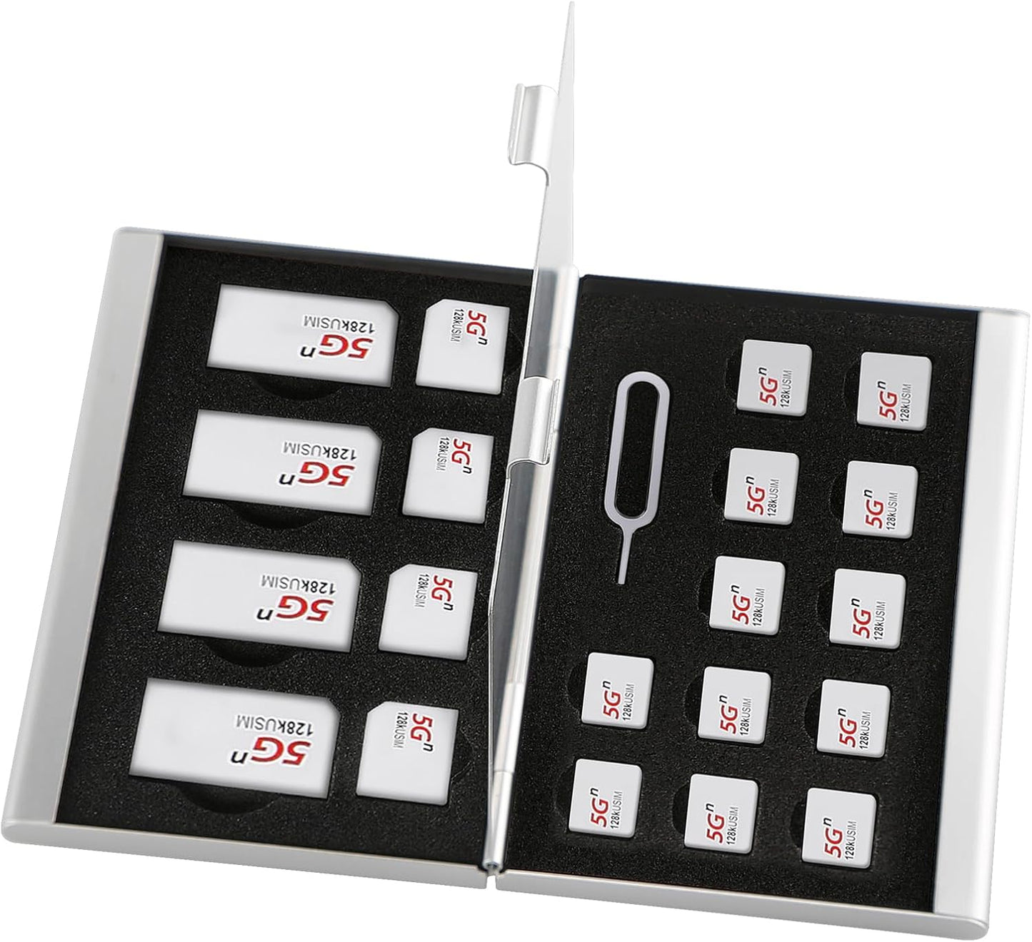 Aluminum SIM Card Case, 21Slots Ultrathin SIM Card Holder, Fit for 4 SIM Card, 4 Micro sim Card, 12 Nano sim Card and 1 Cell Phone Eject Pin Slots, Silver