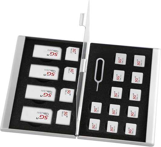 Aluminum SIM Card Case, 21Slots Ultrathin SIM Card Holder, Fit for 4 SIM Card, 4 Micro sim Card, 12 Nano sim Card and 1 Cell Phone Eject Pin Slots, Silver