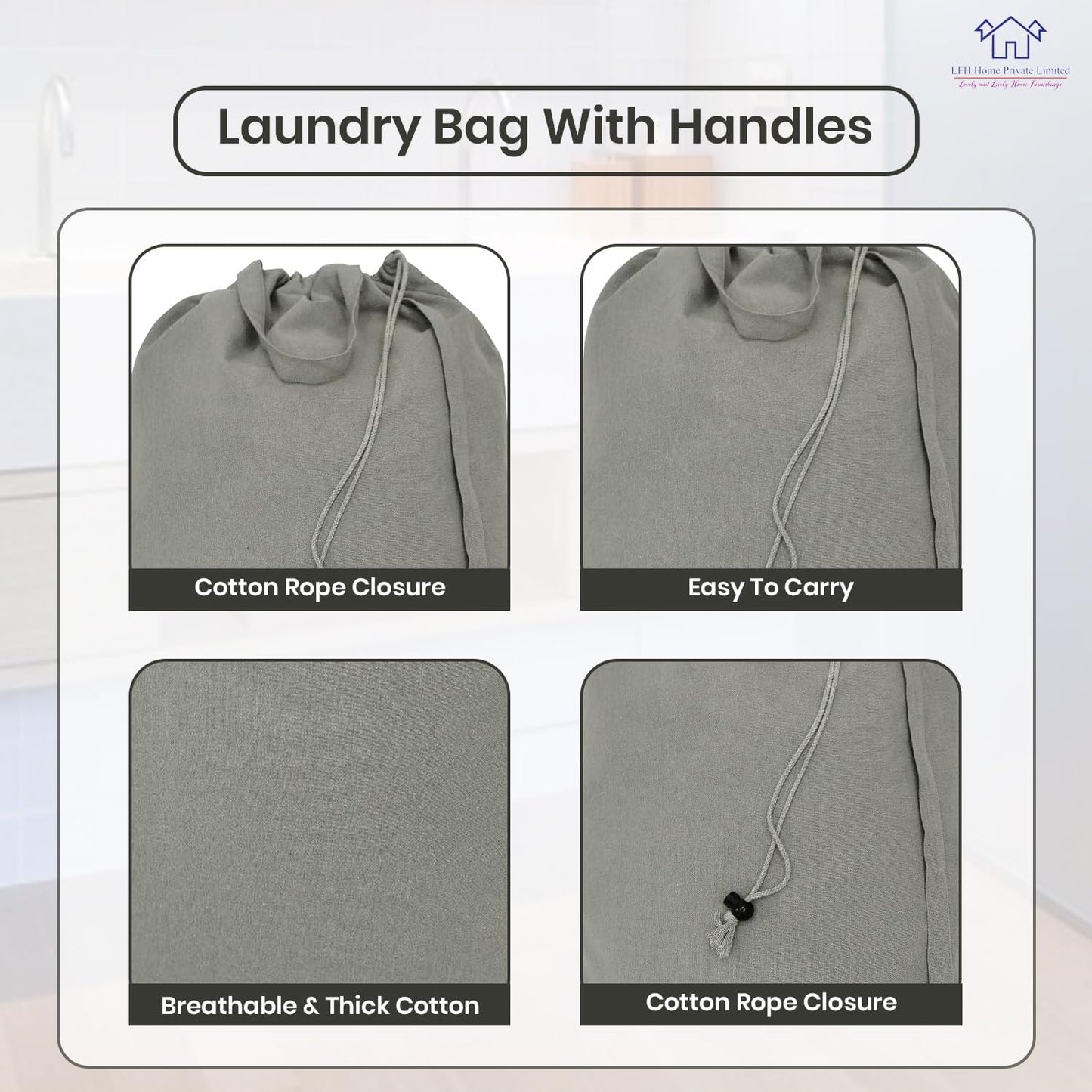 LFH Home Cotton Canvas Extra Large Laundry Bag with Handle, Heavy Duty Drawstring Closure Washable Laundry Bags, School Travel, Home, Hotel, College Dorm, Organizer Sack, Toys Clothes 24x36-Grey