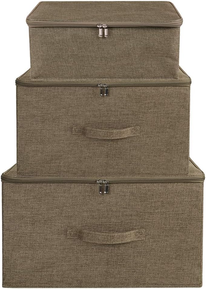 ANMINY 2PCS Storage Bins with Zipper Lids 13 Qt Lidded Fabric Storage Boxes Baskets Cubes with Handles Collapsible Washable Cotton Linen Closet Shelf Clothes Organizer Containers - Coffee, Small