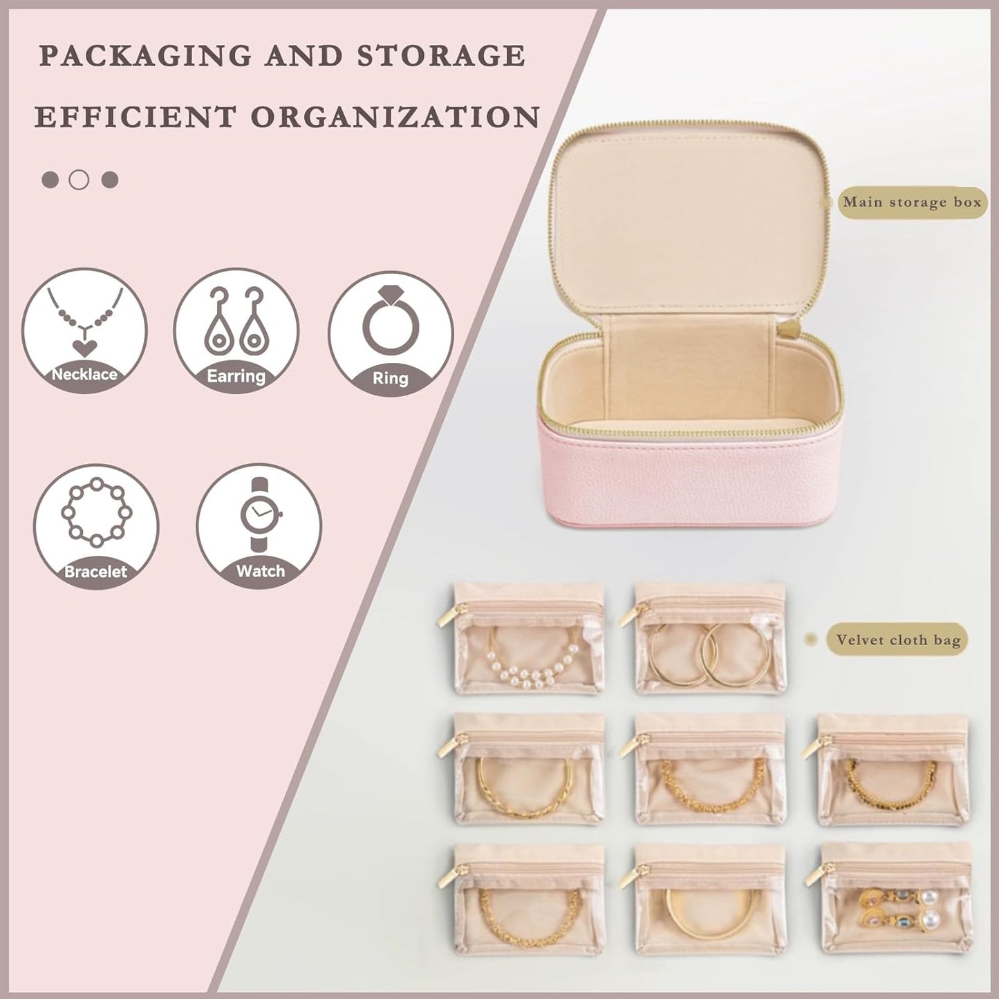 Jewelry Box Organizer for Women,Small Travel Jewelry Case,Mini Travel Jewelry Organizer with 8 Velvet Jewelry Zipper Pouches, Jewelry Box Organizer for Christmas Birthday(Pink)