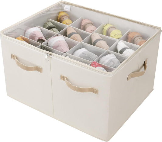 Shoe Organizer for Closet, Foldable Shoe Box with Adjustable Dividers and Clear Cover, Space Saving Shoe Storage Organizer Cabinet with Reinforced Handles, Fits 16 Pairs, Beige TP09Y