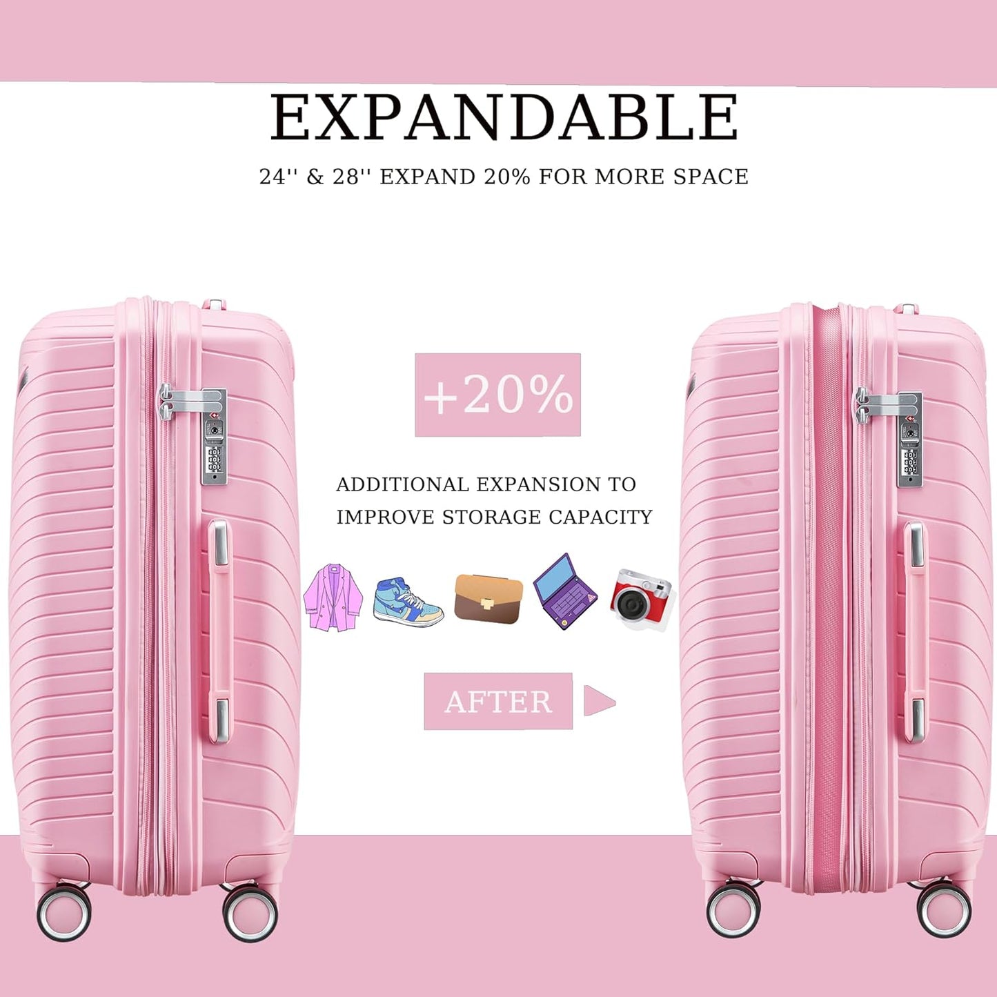 Campfun Luggage 4 Piece Sets, Expandable Carry On Luggage Set Hardshell PP, Suitcase Set with Double Spinner Wheels, Checked Durable Lightweight with TSA Lock, 14in 20in 24in 28in-Pink(A)