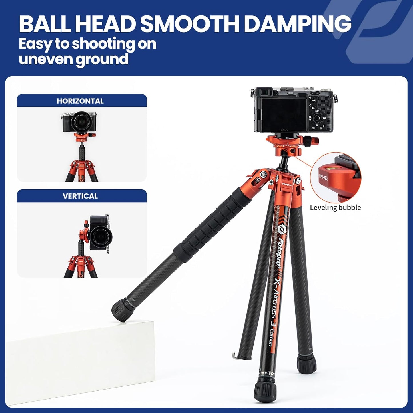 Fotopro Carbon Fiber Tripod 1.7lbs Ultralight 62 Inch Portable Compact Travel Tripod for Camera DSLR Load up to 22lbs X-Aircross 3 Lite Orange