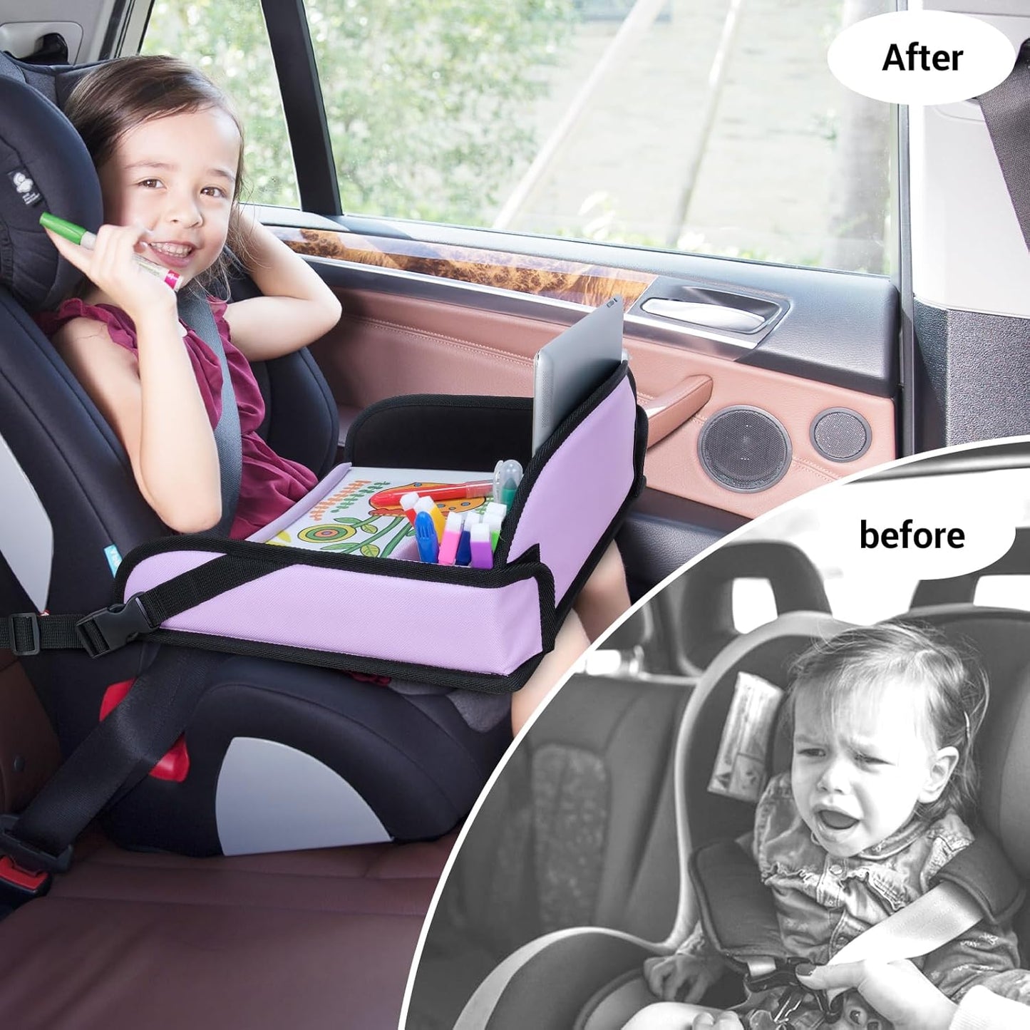 COOLBEBE Kids Travel Tray for Toddler Car Seat, Travel Tray for Airplane, Toddler Car Seat Lap Tray, Carseat Table Tray for Kids Travel Activities (Purple)