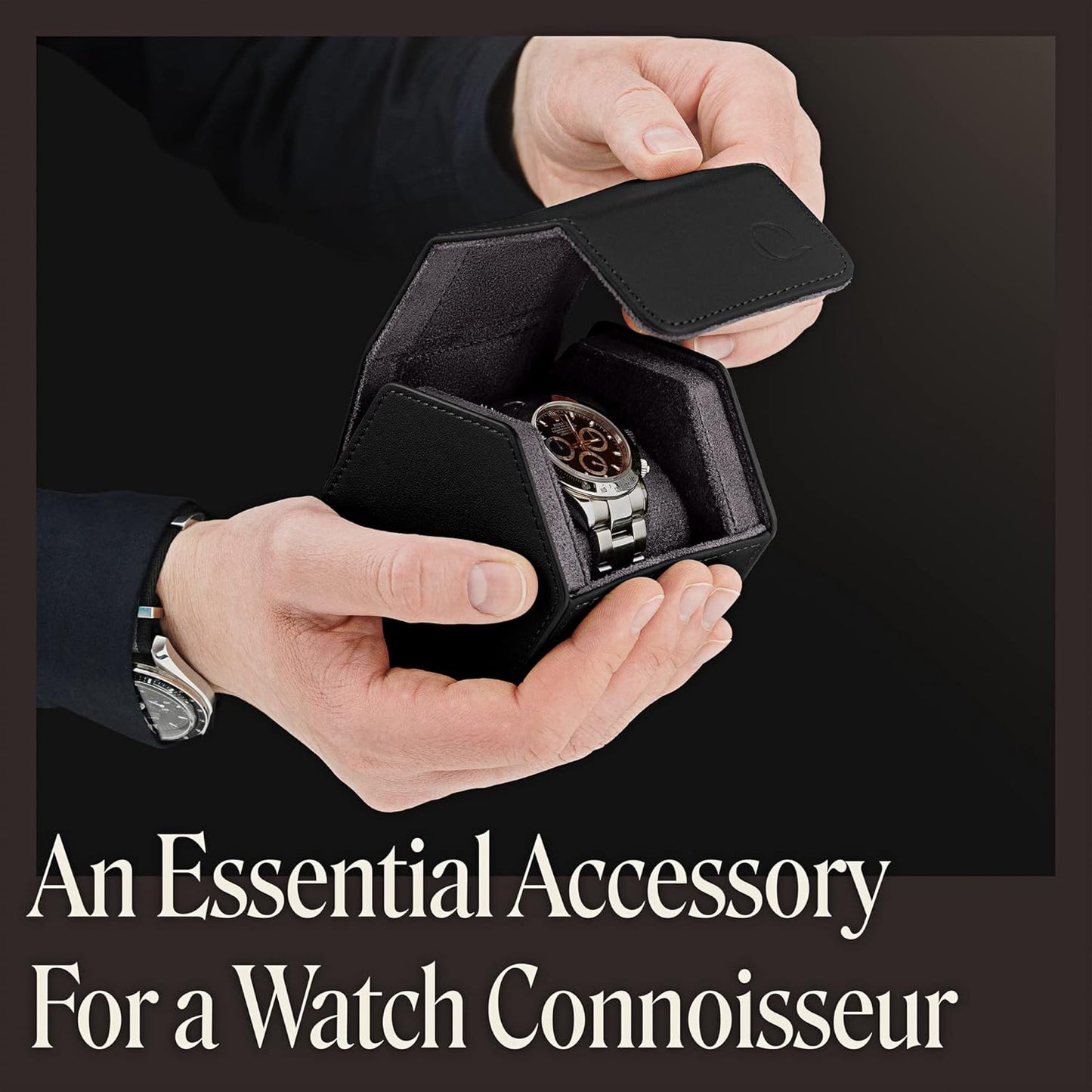 Single Leather Watch Case for Men - Hexagon Watch Roll Travel Case - Genuine Napa Leather with Luxury Velvet Interior - Storage & Display Holder for 1 Watch (Black/Charcoal)