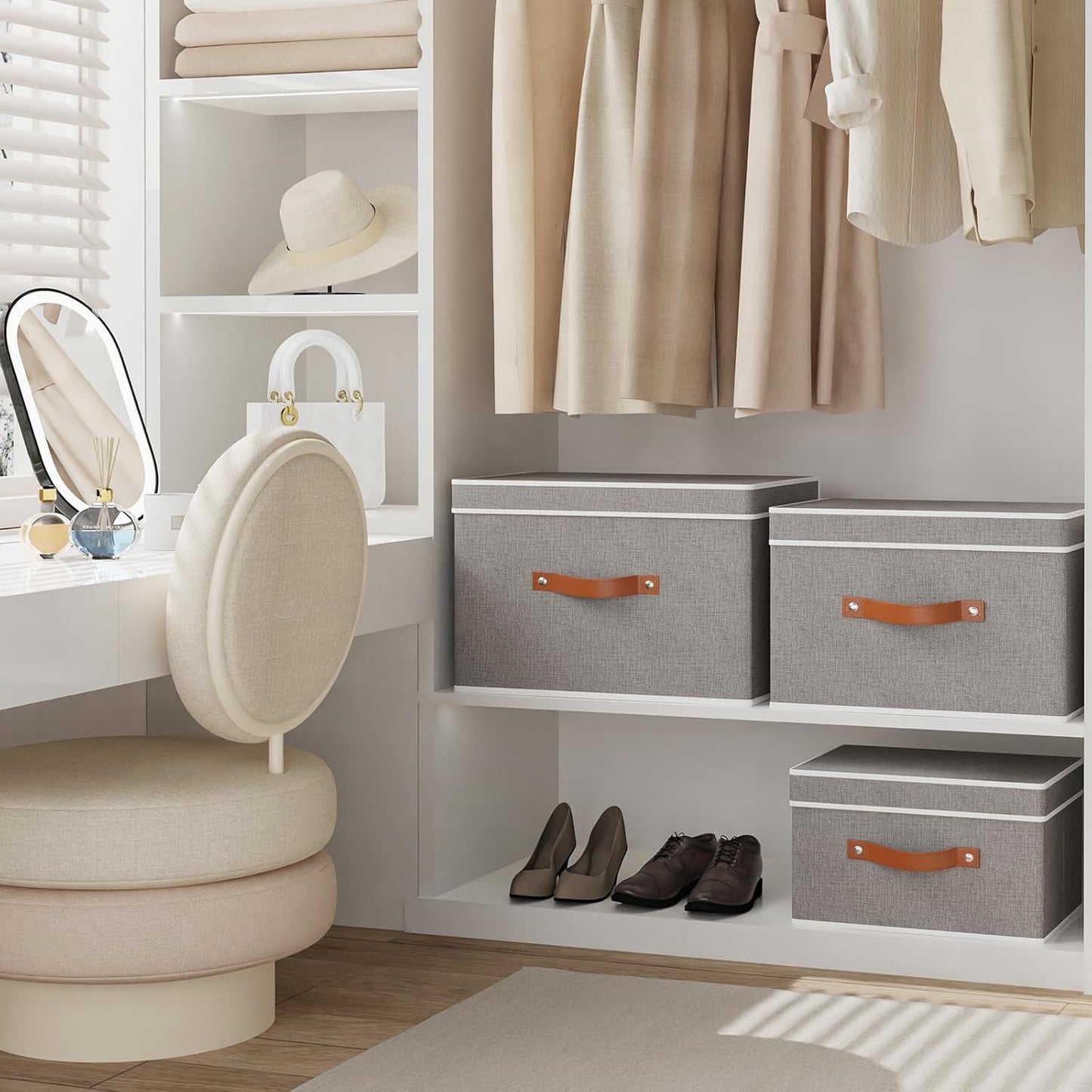 Collapsible Storage Bins with Lids, Linen Foldable Cloth Baskets, 17.7 x 11.8 x 11.8 Inch Closet Organizer Containers with Double Handles, Sweater Boxes for Bedroom, Grey, 3 Pack