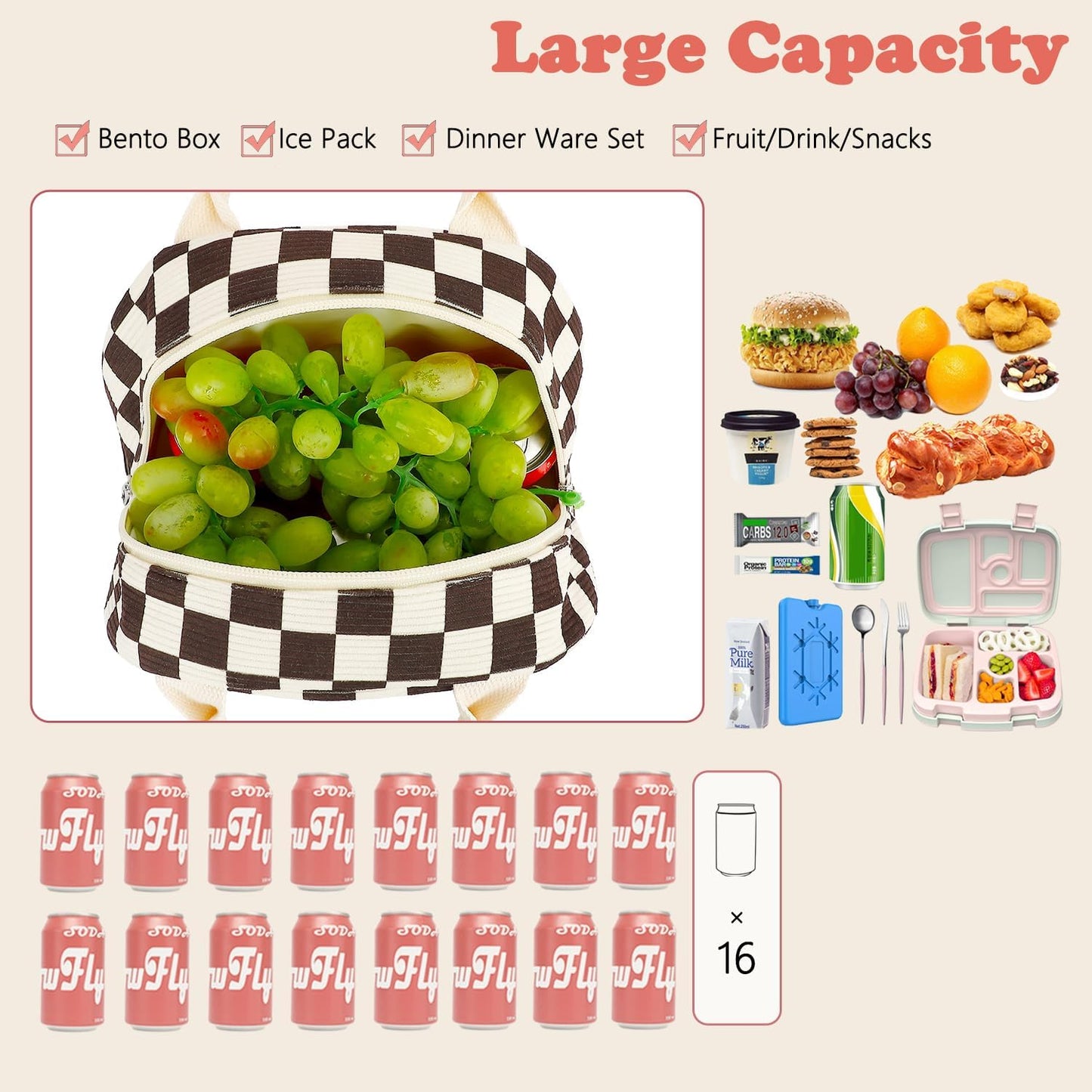 FlowFly Lunch Bag for Women Insulated Lunch Box Corduroy Lunch Tote Cooler for Travel Work Picnic,Corduroy Plaid Coffee